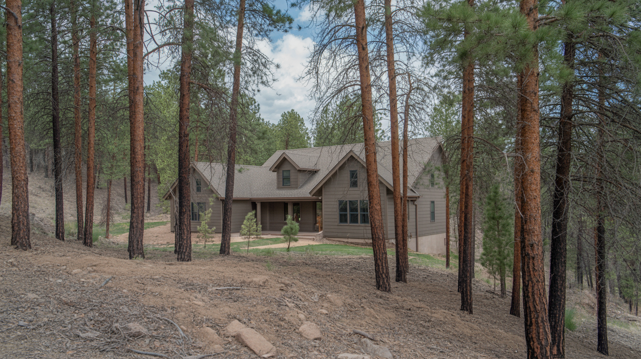 Defensible space around a Colorado home — proper fire mitigation with thinned trees and cleared vegetation